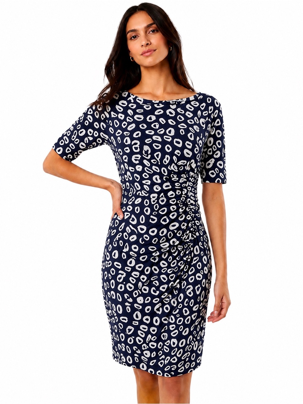 Whistles Navy Abstract Spot Ruched Jersey Sheath Dress UK 16 US 12